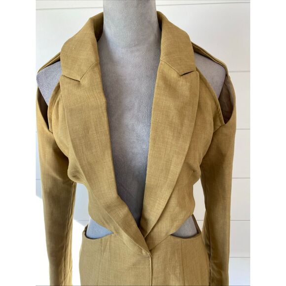 PLT Label Mustard Strap Sleeve Detail Cut Out Blazer Dress Size 4 - Picture 8 of 14